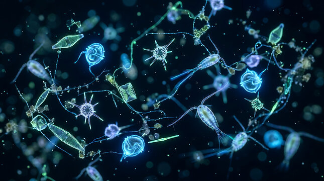 Microscopic view of various aquatic organisms and particles floating in water