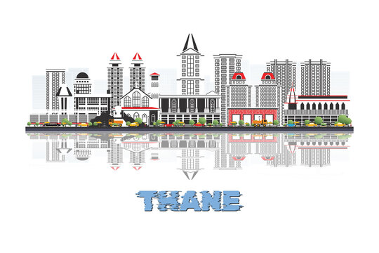 Thane, India skyline illustration with historic architecture modern buildings and reflection on white background.