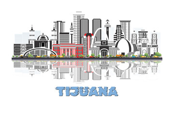 Fototapeta premium Tianjin, China skyline illustration with historic architecture modern buildings and reflection on white background.