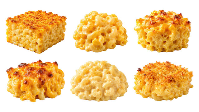 Six individual servings of baked macaroni and cheese with creamy melted cheese and golden browned or breadcrumb crust, photographed as close-ups on a transparent background