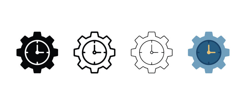 Gear clock icons in different styles on white background  clockwork and time concept