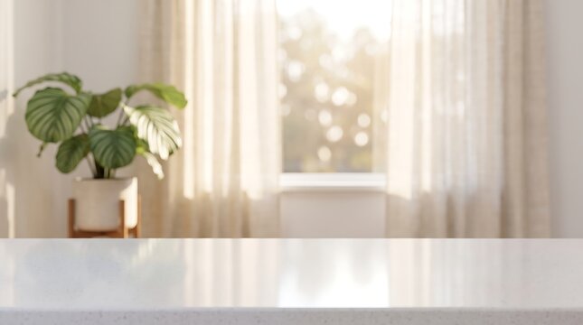Empty white marble countertop for product mockup in bright minimalist living room with blurred window and green plant.