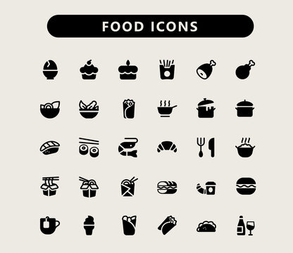 Food and drink solid icon set.