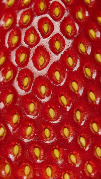 Macro red strawberry skin texture with yellow seeds vertical