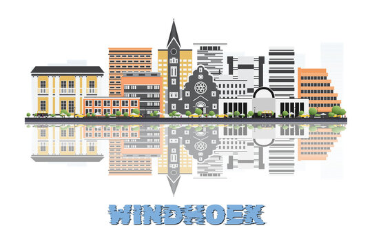 Windhoek, Namibia skyline illustration with historic architecture modern buildings and reflection on white background.