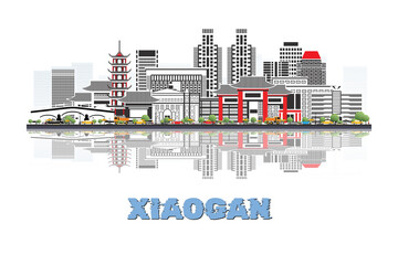 Obraz premium Xiaogan, China skyline illustration with historic architecture modern buildings and reflection on white background.