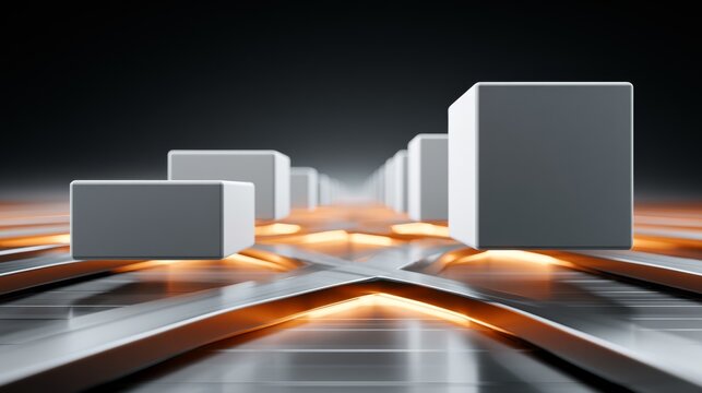 Abstract junction in a futuristic logistics network with floating white cubes over orange light trails.