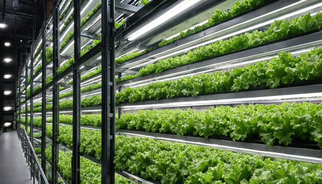 Indoor vertical farm with multiple levels of fresh green lettuce growing on metal shelves illuminated by bright white led light strips