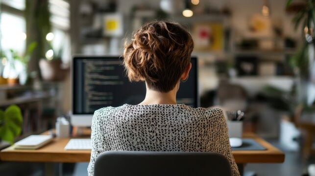 woman coding on computer in office