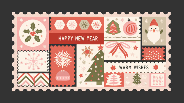 Holiday postage stamp collage with winter motifs and festive text