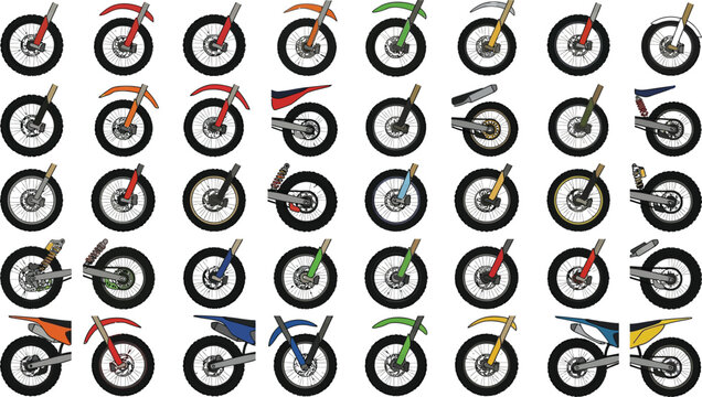 Detailed flat vector collection of motorcycle wheels and suspension components for mechanics