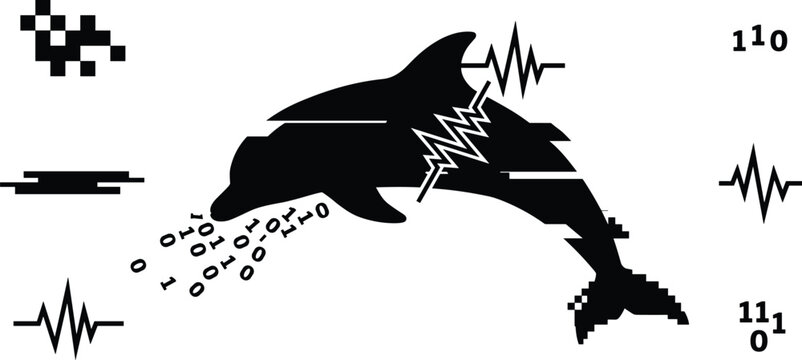 Glitch Art Dolphin Silhouette Vector Graphic with Binary Code Numbers Pixel Elements and Audio Frequency Waves Cyberpunk Style Illustration