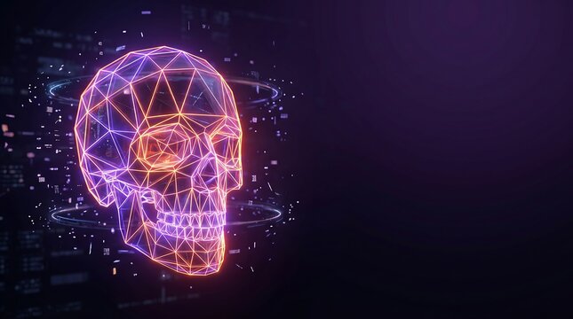 Luxury futuristic crystal glowing skull with neon purple orange lights and orbiting energy rings on dark digital background.