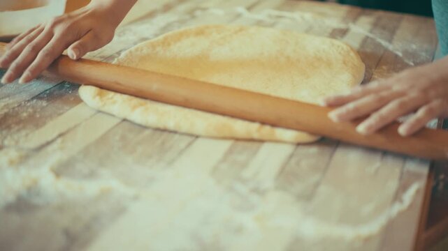Close-up of baker hands using a wooden rolling pin to roll out and flatten fresh yeast dough. Preparing homemade sweet pastry or cinnamon rolls on a floured table, 4k.