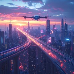 Fototapeta premium A futuristic cityscape at sunset with a drone flying over highways