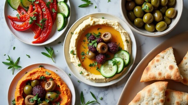 Vista cenital de una selecci&oacute;n de Mezze mediterr&aacute;neos que incluye hummus, aceitunas, pimientos asados ​​y pepino