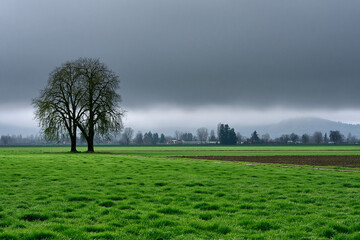 Naklejka premium Cloudy day with green fields and one tree