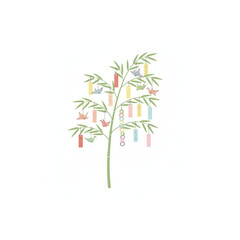 Fototapeta premium Japanese Tanabata bamboo tree vector illustration with origami cranes and colorful tanzaku wish strips.