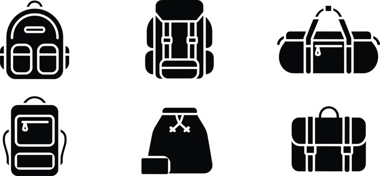 Bag silhouette collection featuring school backpack, hiking backpack, duffel bag, rectangular backpack, gym drawstring bag, and briefcase designs symbolizing travel, education, fitness, 