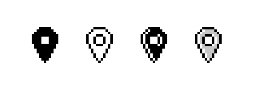 Pixel art style icon design collection. Pixelated map pin marker.
