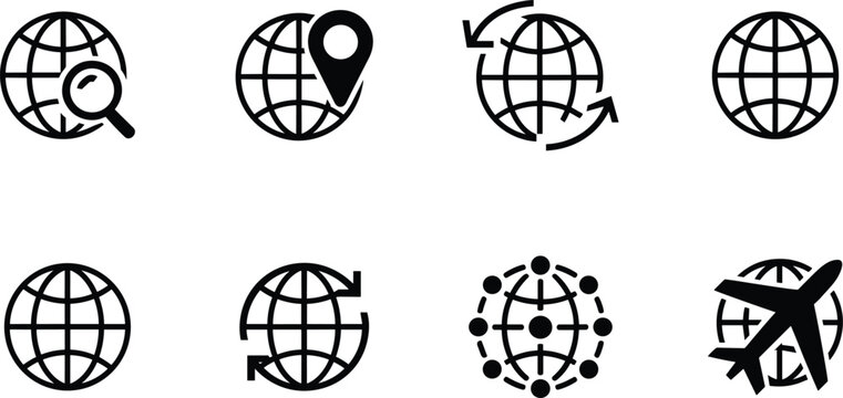 Global connectivity icons set featuring globe variations with magnifying glass, location pin, arrows, airplane, and network symbols representing travel, navigation, communication, 