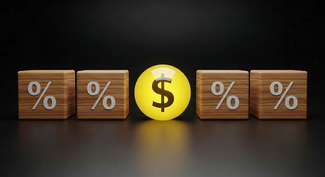 Glowing Dollar Sign Among Percentage Blocks on Dark Background with Wooden Texture