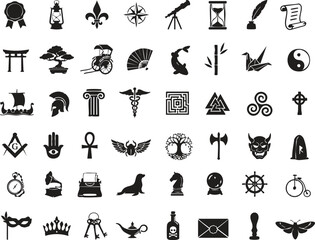 Obraz premium A unique collection of mystical and spiritual icons featuring mythology symbols, occult elements, zodiac signs, sacred objects, fantasy emblems, and ancient spiritual representations. Perfect for gami