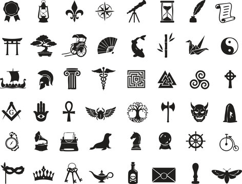 A unique collection of mystical and spiritual icons featuring mythology symbols, occult elements, zodiac signs, sacred objects, fantasy emblems, and ancient spiritual representations. Perfect for gami