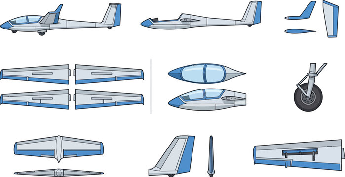 Detailed technical flat vector illustration of sailplane aircraft components and assembly parts