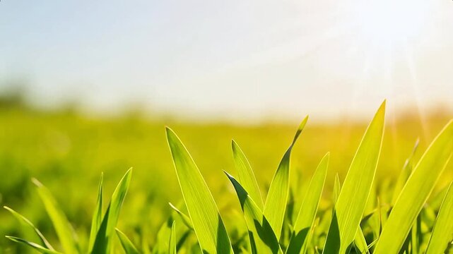 Green grass blades in sunlight