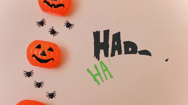 Spooky Halloween fun with smiling pumpkins and creepy spiders laughing mischievously on a light background, perfect for festive seasonal designs