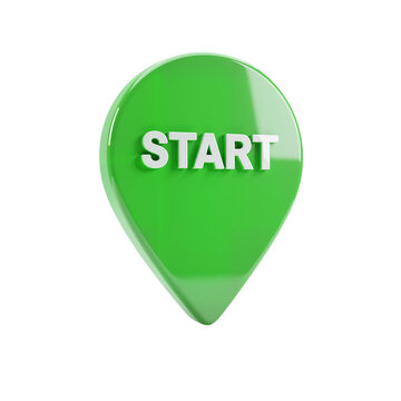 A glossy green 3D map pointer marking the beginning of a route for journey planning interfaces. Transparent Background, Cutout