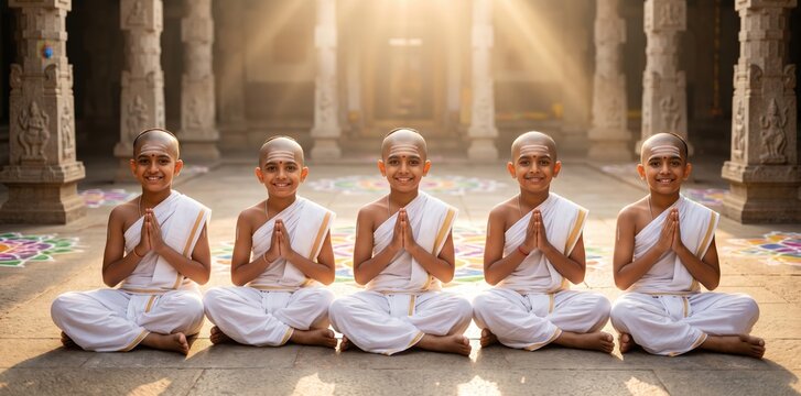 Young Boys First Sacred Thread Ceremony &ndash; Upakarma Temple Portrait