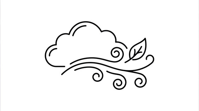 Minimalist outline icon of a cloud with blowing wind and a floating leaf.
