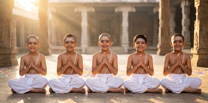 Young Boys First Sacred Thread Ceremony &ndash; Upakarma Temple Portrait