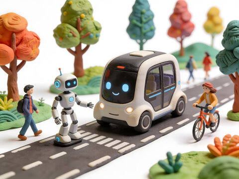 Clay autonomous shuttle with a friendly robot assisting pedestrians and cyclists, illustrating human-centered AI, smart mobility, sustainable transport, and safe urban transportation.