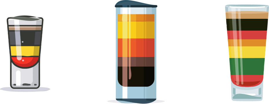 A vibrant flat vector icon of a layered b52 shot in a small tall shot glass, featuring bright colors, modern UI style, clean lines, isolated on a pure white background