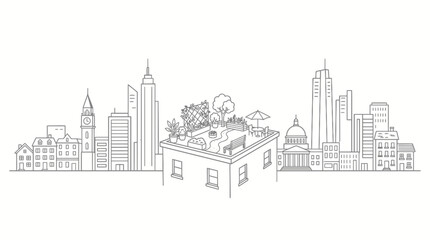 Obraz premium A detailed line art drawing of a rooftop garden on a city building.