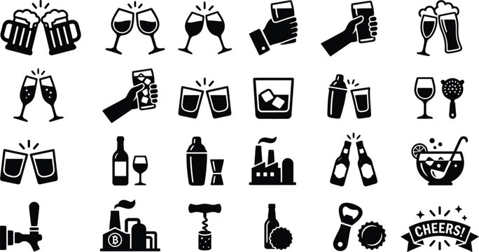 Cheerful drinks and party icons set
