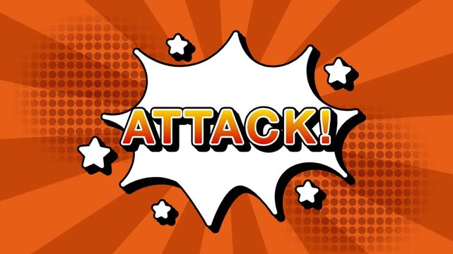 Attack text word lettering popup comic cartoon reveal with bomb and smoke explosion manga anime book page dots with radial speed lines doodle orange background with seamless loop animation retro