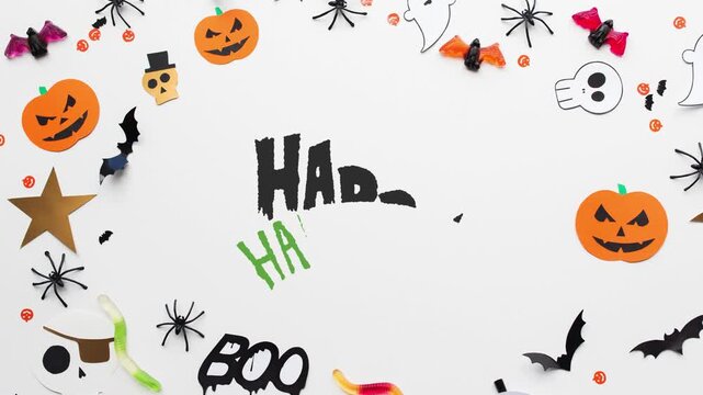 Halloween Decorative Frame with Spooky Paper Cutouts and Festive Text Composition on White Background