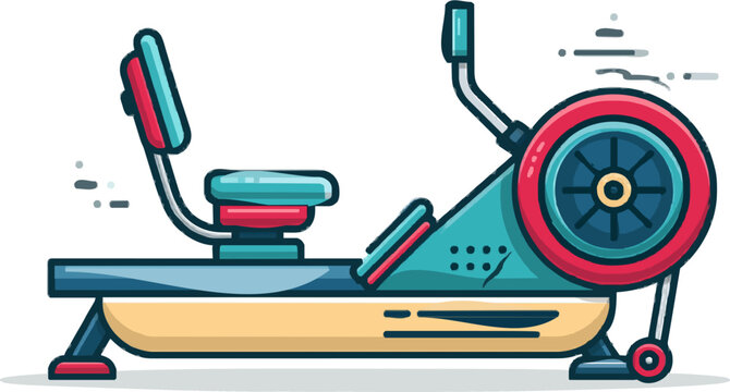 A vibrant flat vector icon of an indoor rowing machine ergometer features bright colors, modern UI style, clean lines, and is isolated on a pure white background