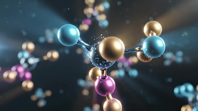 Abstract visualization of a complex molecular structure with vibrant colored spheres connected by metallic rods.