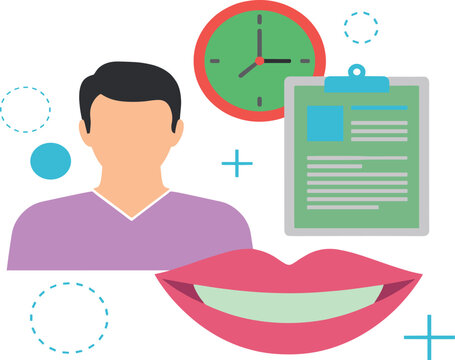 Dental appointment concept icon with male patient character smiling mouth teeth clock timer and medical clipboard report flat vector illustration