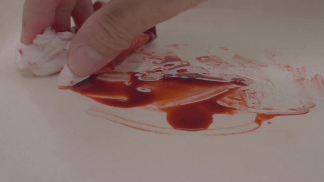 A close-up shot shows a hand reaching in to pick up a blood-stained tissue and wiping up blood from the floor, conveying the presence of a wound, bleeding, and the cleanup of an accident.