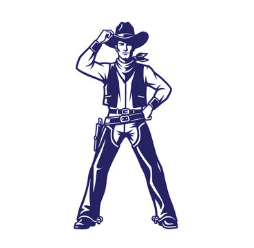Classic cowboy silhouette tipping hat gesture with wild west western wear silhouette standing frontier character illustration american historical clothing depiction creative minimalist