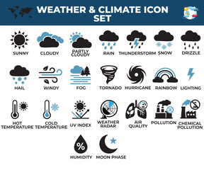 Naklejka premium Weather and Climate Icon Set with Sunny, Rain, Snow, Wind, Hurricane, Air Quality and Weather Forecast Vector Icons