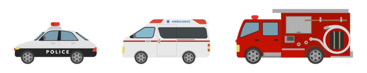 フラットイラスト：パトカー 救急車 消防車セット(サイド) © stomy