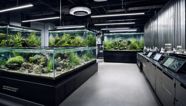 Freshwater diversity monitoring center with large glass aquariums and scientific computer workstations in a dark industrial setting