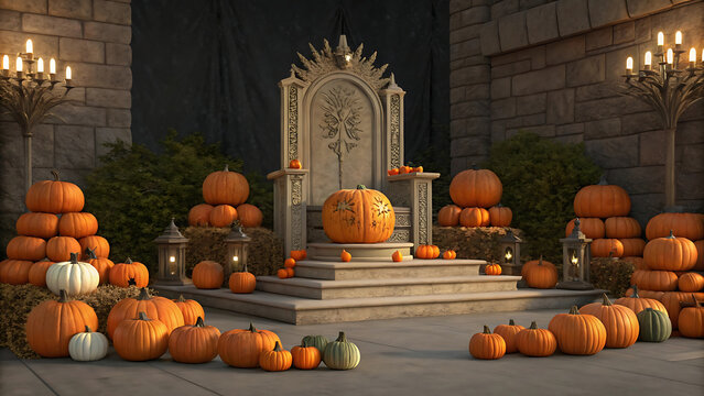 Large stone throne with carved pumpkin on step surrounded by many orange and white pumpkins on stone floor with candelabras and lanterns